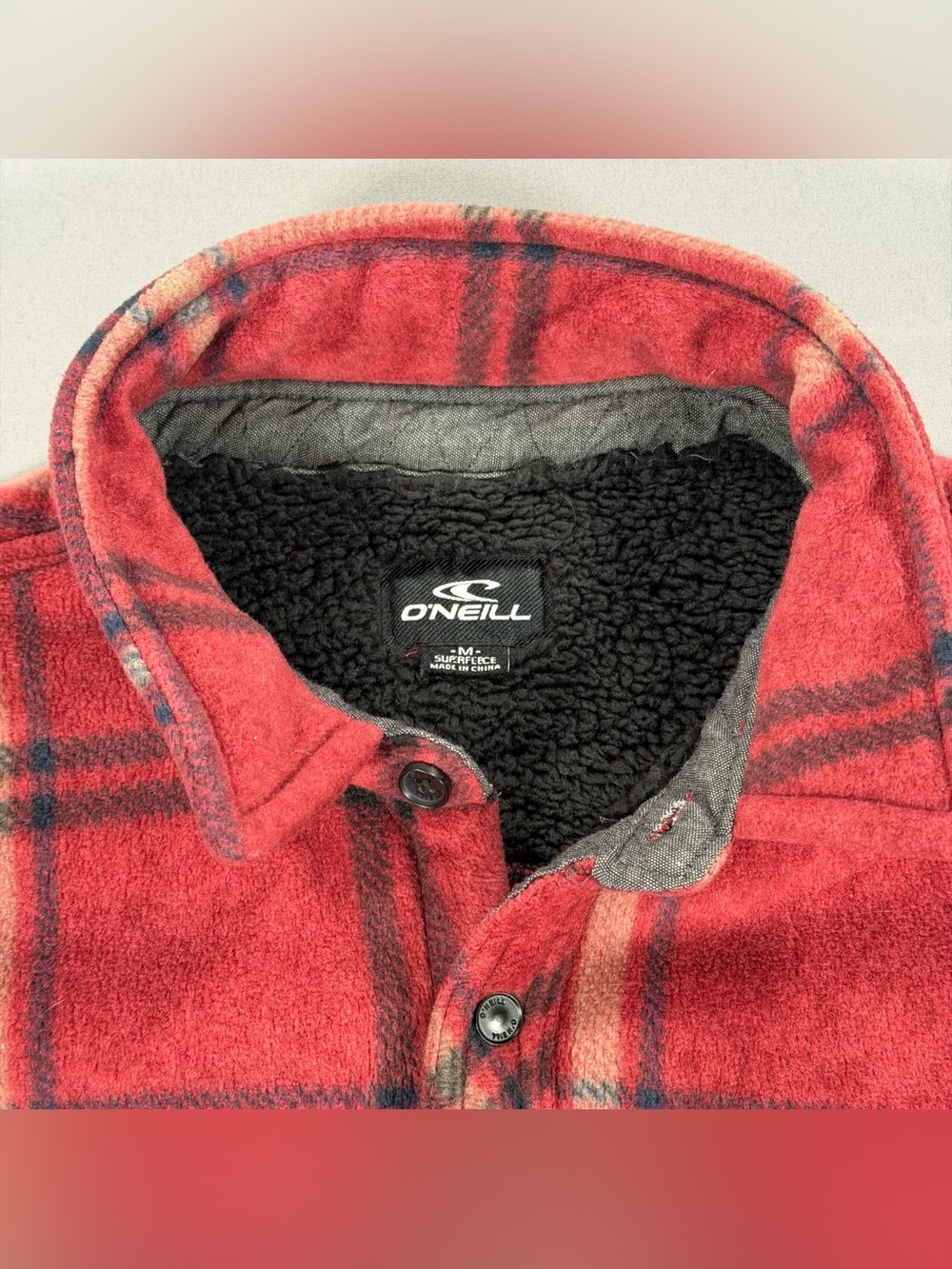 O'Neill Superfleece Men's M Sherpa Lined Plaid Fleece Shirt Jacket Red Flannel - Picture 5 of 12